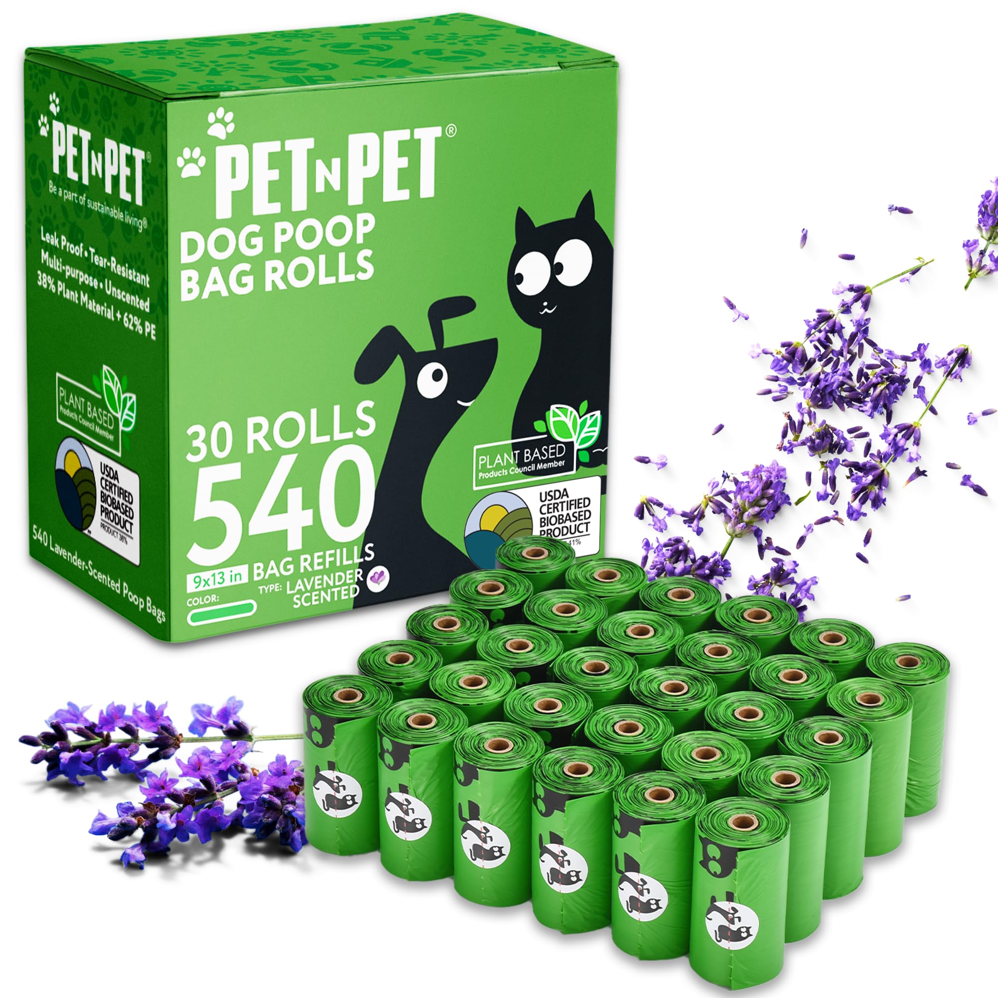 PET N PET Dog Poo Bags, USDA Certified 41% Plant Based, Strong and Leak Proof Dog Waste Bags Rolls, Lavender Scented, 540 Count