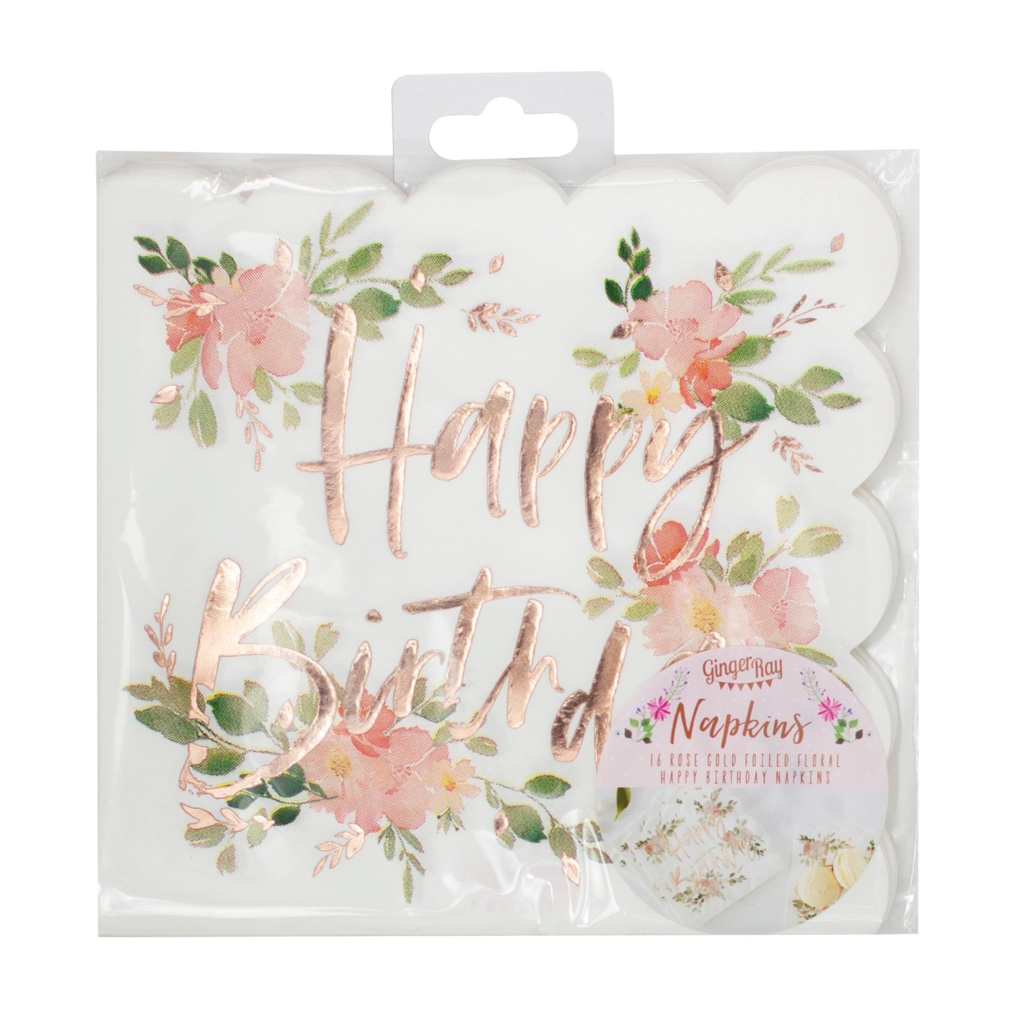 Ginger Ray Rose Gold Foiled Floral Happy Birthday Napkin Party Tableware x 16 Pack - Ditsy Floral