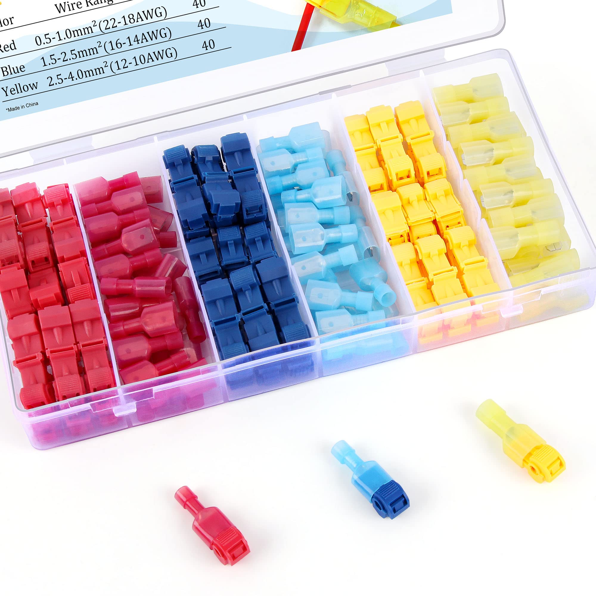 Flytuo 120PCS Quick Splice Electrical Wire Terminals, T-Tap Wire Connectors Self-Stripping with Nylon Insulated Male Quick Disconnect Spade Terminals Kit