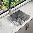 KABCO KLA23SSG 23 Inch wide 12 Inch Commercial Laundry Utility Sink 18 Gauge Stainless Steel Undermount or Topmount Drop In Single Bowl with Sink Strainer Bottom Sink Grid Complete 3PC Combo Package
