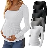 Huukeay 4 Pack Women's Maternity Shirts Cotton Ribbed Long Sleeve Square Neck Pregnancy Tunic Tops Side Ruched Basic Tee
