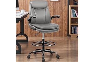AtHope Drafting Chair Tall Office Chair Leather Executive Office Chair with Adjustable Foot Ring Flip Up Armrest - Comfy Ergonomic Desk Chairs with Lumbar Support for Office Home Studio - Grey