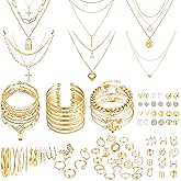 MEDOJO 93 Pcs Golden Jewelry Set for Women Costume Jewelry Pack Golden Plated Necklace Bracelet Stackable Ring Earrings Jewelry for Christmas New Year