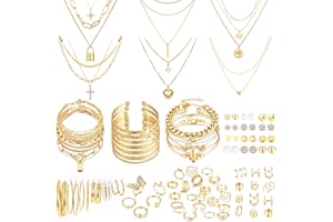 MEDOJO 93 Pcs Golden Jewelry Set for Women Costume Jewelry Pack Golden Plated Necklace Bracelet Stackable Ring Earrings Jewelry for Christmas New Year
