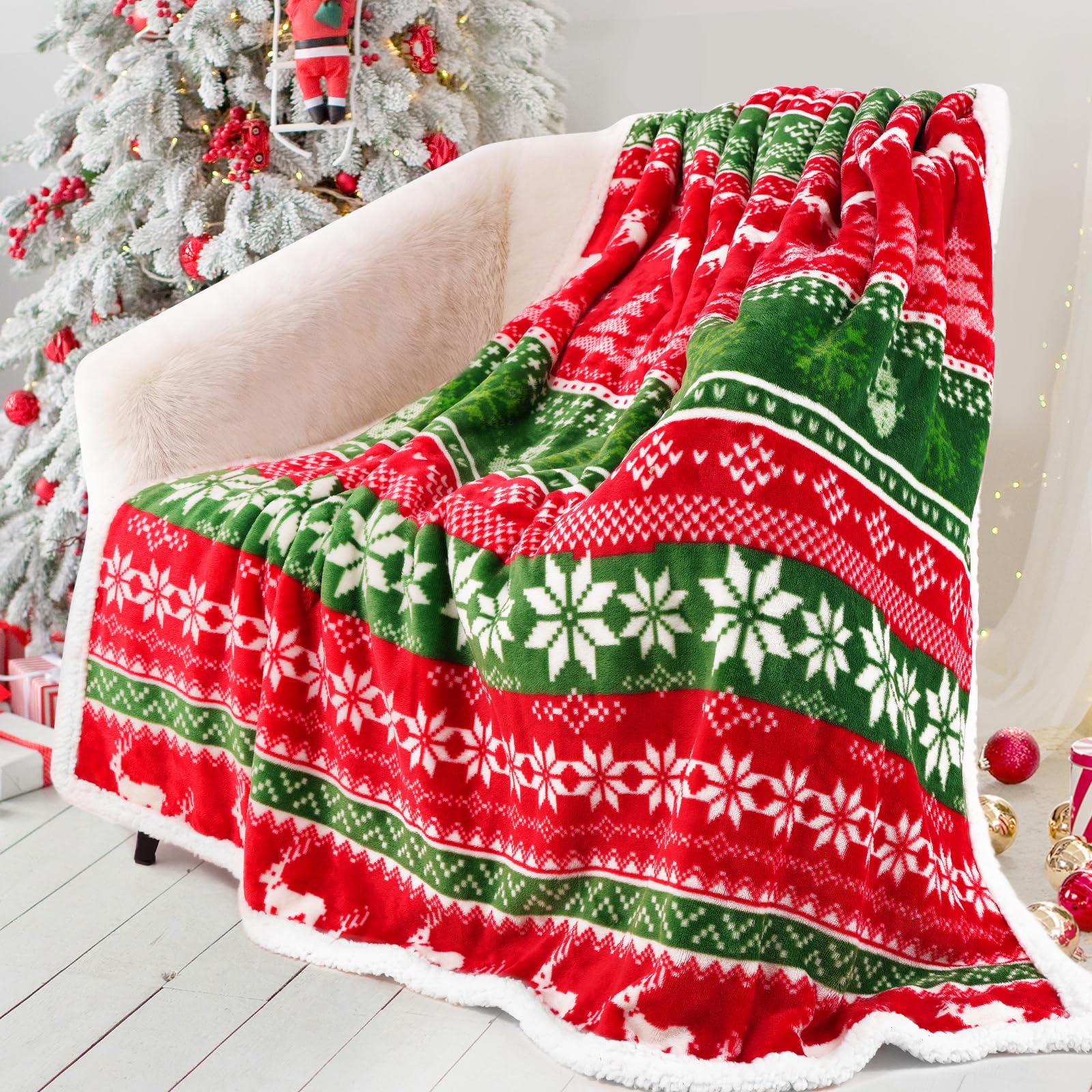 Touchat Red Sherpa Christmas Twin Blanket, Fuzzy Fluffy Soft Cozy Throw, Fleece Flannel Plush Microfiber Blankets for Couch Bed Sofa (60" X 80", Red and Green Reindeer) Image