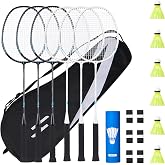 Badminton Rackets Set, Beginner Racquets, 6 Birdies, 4 Grips &amp; Bag