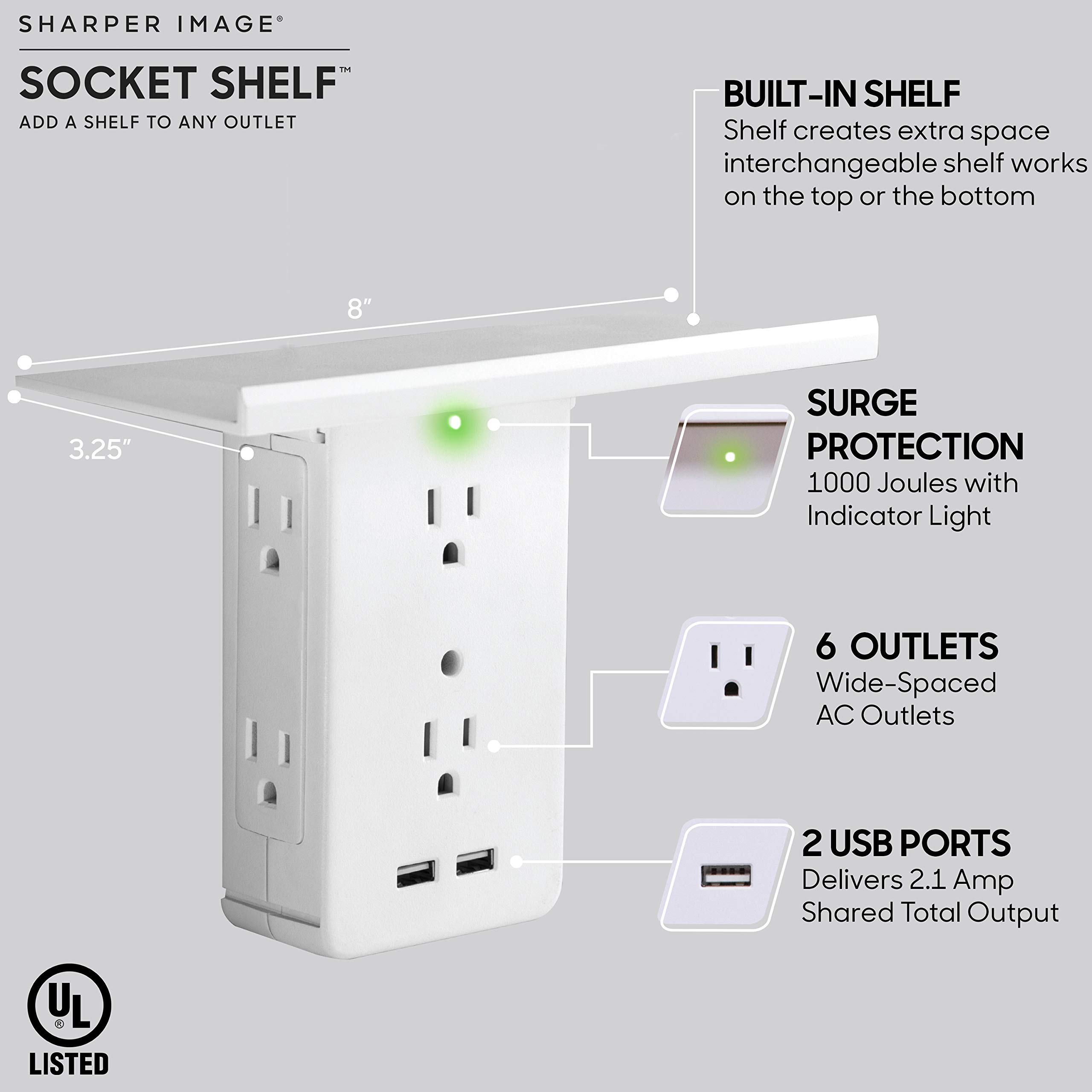 Socket Shelf 8 Port Surge Protector Wall Outlet, 6 Electrical Outlet