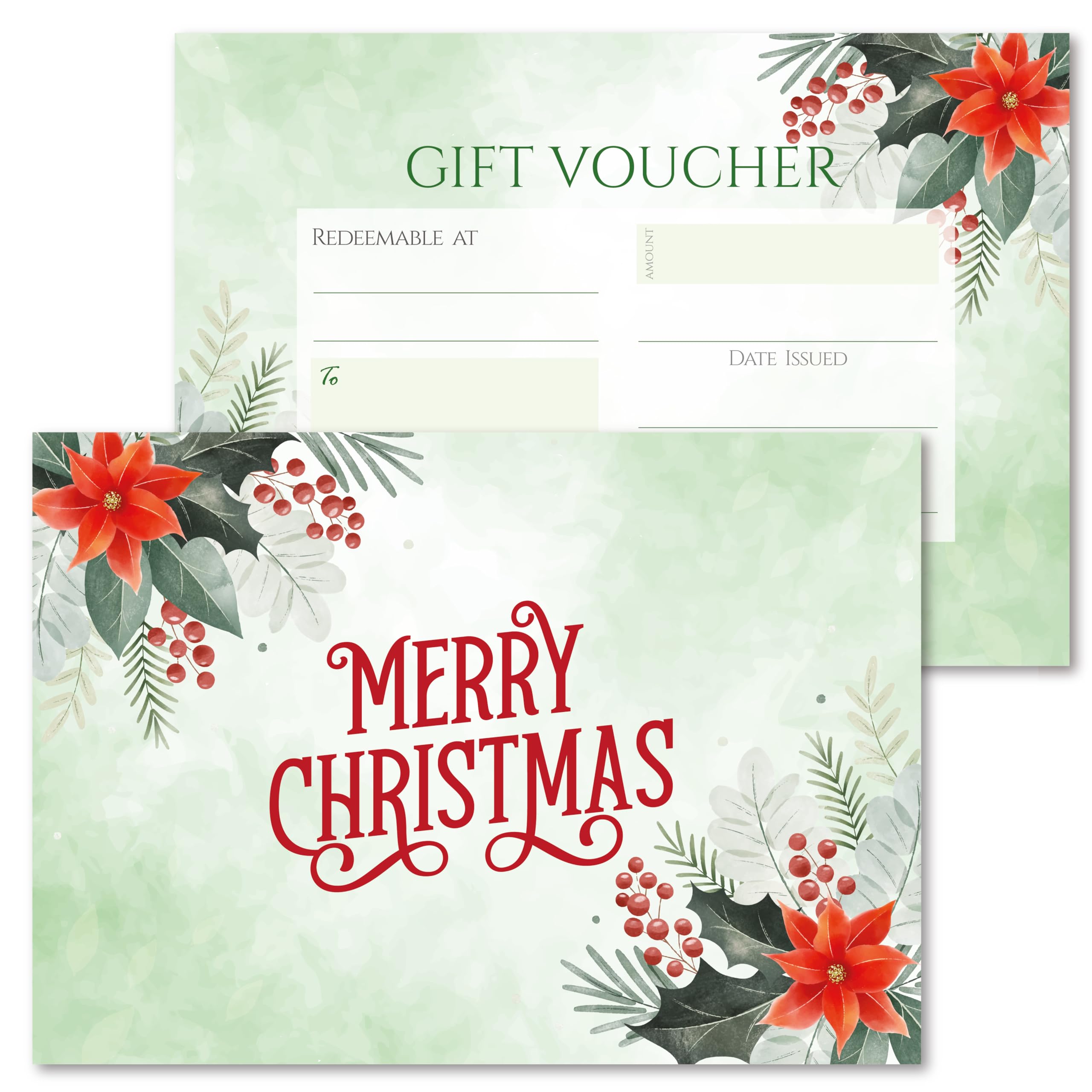 10 x Blank Christmas Holly and Red Poinsettia Gift Vouchers & Metallic Silver Envelopes - Double Sided Watercolour Merry Christmas Design Tokens