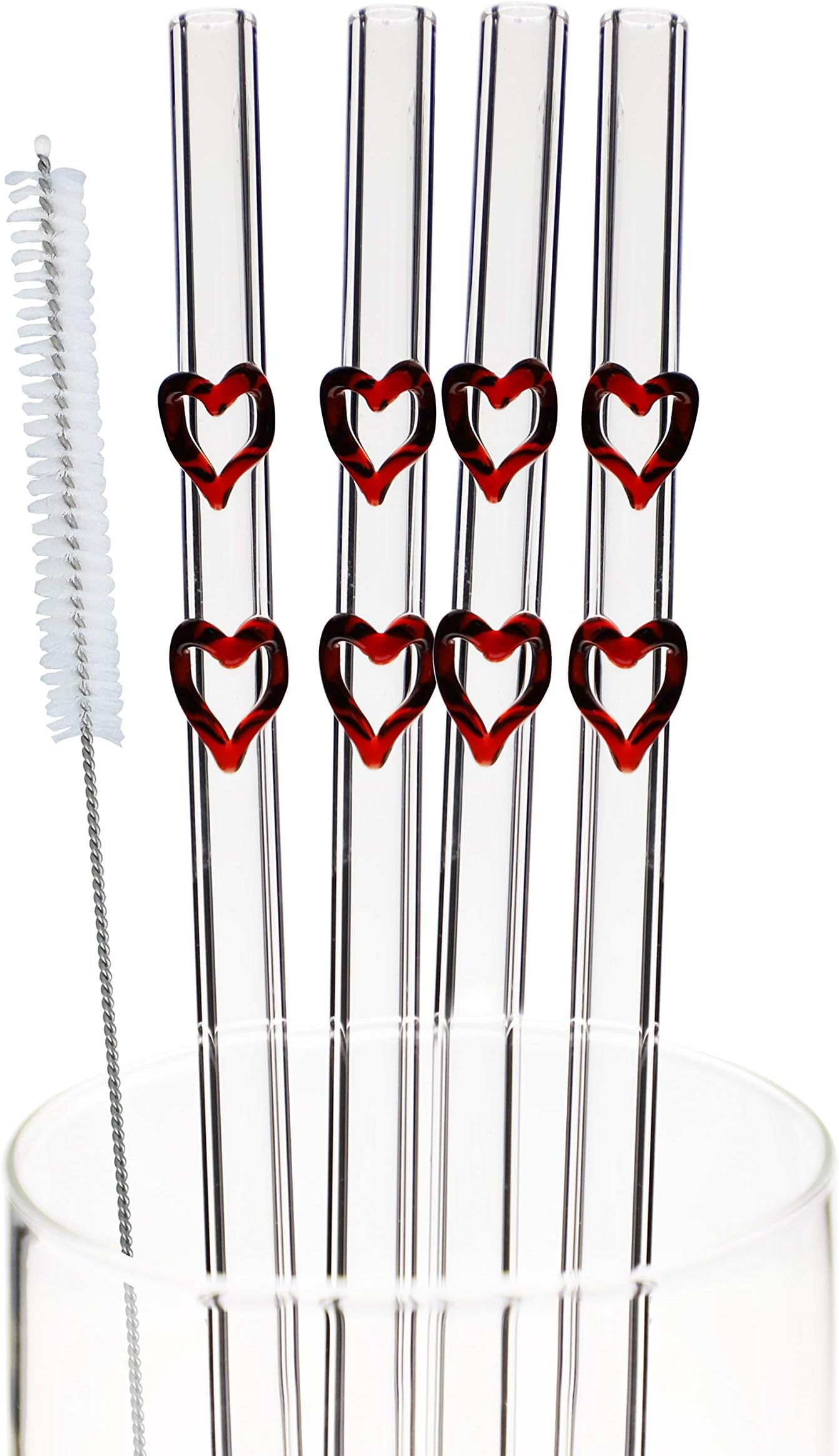 TIANYUAN 4pcs Reuseable 9" 9MM Straight Glass Straws Handmade Straw with 1 Cleaning Brush Red Hearts