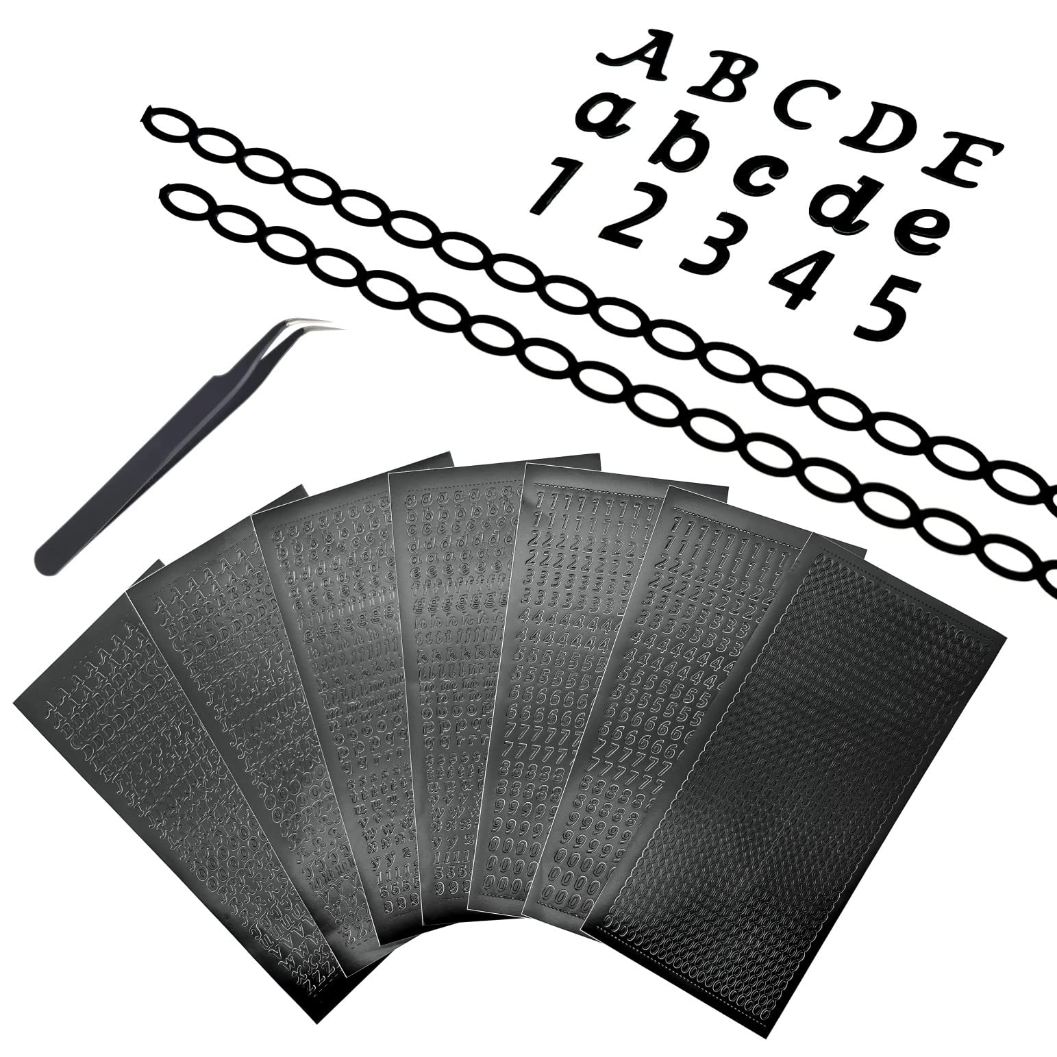 JZK 7 Sheets Plastic Black Alphabet Letter and Number Stickers, Chain Stickers, with tweezer, Upper and Lower case Letter Stickers, Decorative Stickers for Scrapbook, Crafts, Candles