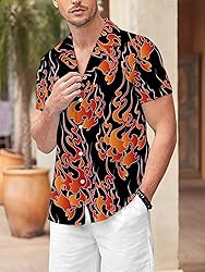 LuckLemocor Flame Button Up Shirt Men Short Sleeve