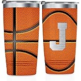 Onebttl Personalized Basketball Gifts for Teen Boys, Men, Coaches, 20oz Stainless Steel Tumbler with Laser Etched Initials for Basketball Players, Lovers, Orange - J