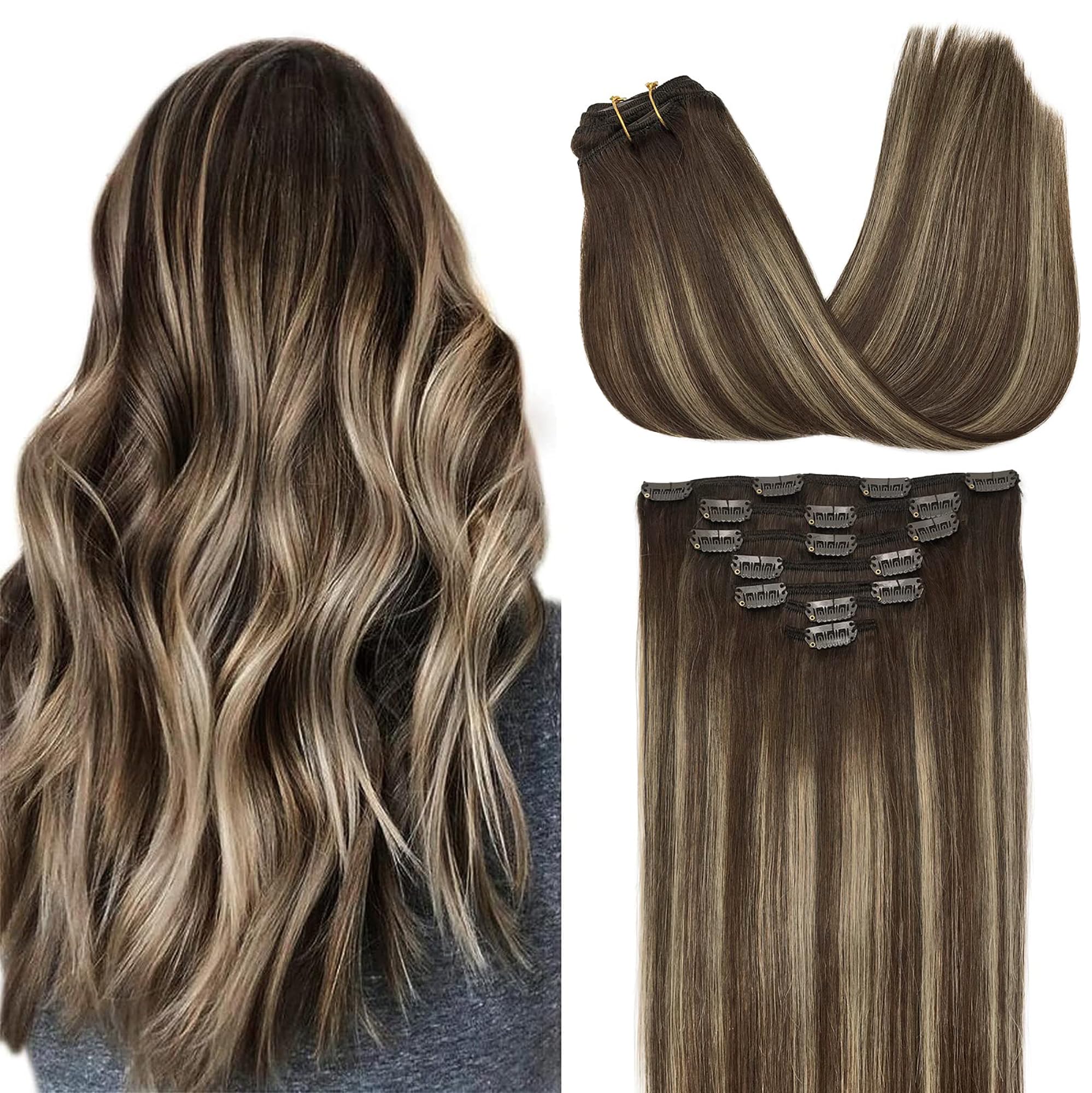 GOO GOO Clip in Human Hair Extensions, 24inch 120g 7pcs,Hair Extensions Clip in, 4/26/4 Chocolate Brown to Honey Blonde