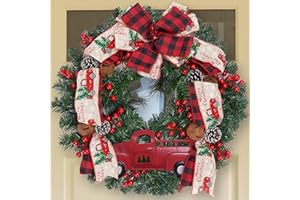 CARACALEAP Christmas Door Wreath 20inch, Artificial Red Truck Winter Wreath with Hook Pine Branches Wreath for Front Door Outdoor, Plaid Bow Christmas Wreaths for Windows Wall Home Décor Ornaments