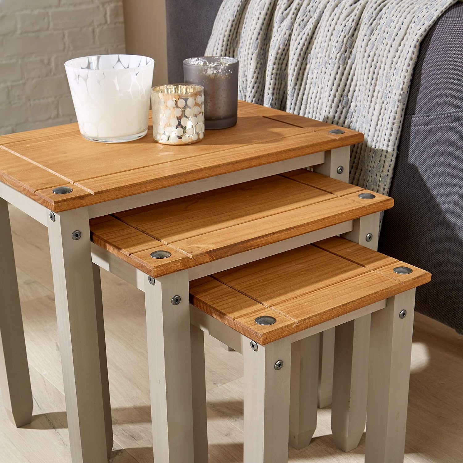 Home Source Solid Pine Wood Nest of Tables, Set of 3 for Living Room Grey Finish - Image 5