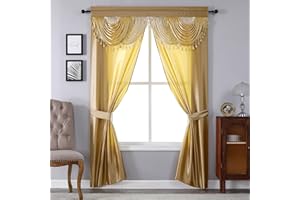 Regal Home Collections Amore Curtains 5-Piece Window Curtain Set - 54-Inch W x 84-Inch L Panels with Attached Valance and 2 Tiebacks - Bedroom Curtains and Living Room Curtains (Gold)