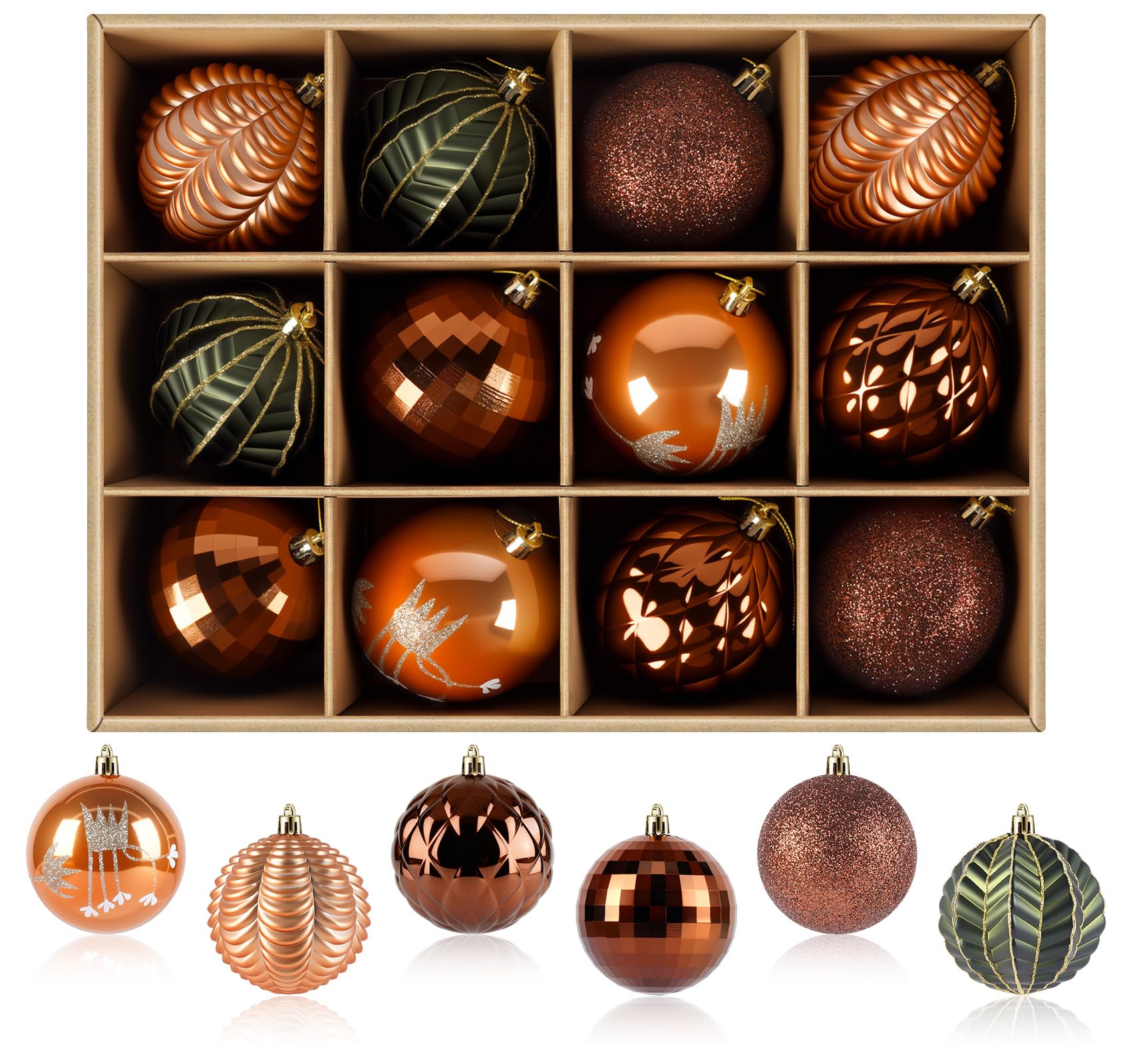 Photo 1 of 12 Pcs Christmas Ball Ornaments, 3.15 Inch Green Gold and Bronze Copper Shatterproof Christmas Tree Decorations in 6 Styles, Hanging Bulbs Ornaments for Holiday, Home,Wedding, and Party Decor