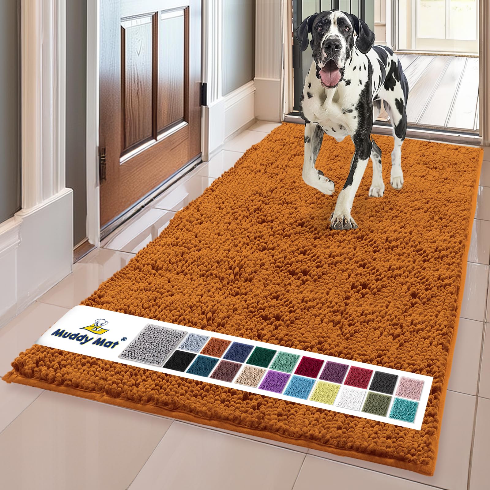 Muddy Mat® | Super Absorbent Door Mat Indoor, Microfiber Quick Dry Chenille Entryway Rug, Non-Slip Front Door Mat, Indoor Mats for Entryway, Machine Washable Pet Rug, Orange Runner 24"X60"