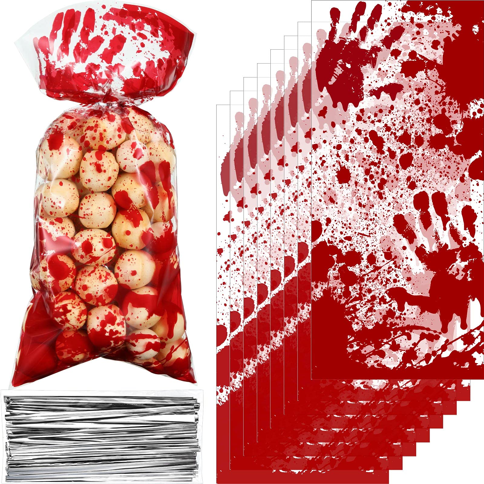 Photo 1 of 100 Pieces Halloween Bloody Treat Bags Decorations Halloween Candy Goodie Bags with 100 Silver Twist Ties Blood Holiday Snacks for Murder Bloody Theme Scary Party Favors, 10.8 x 5 Inch(White, Red)