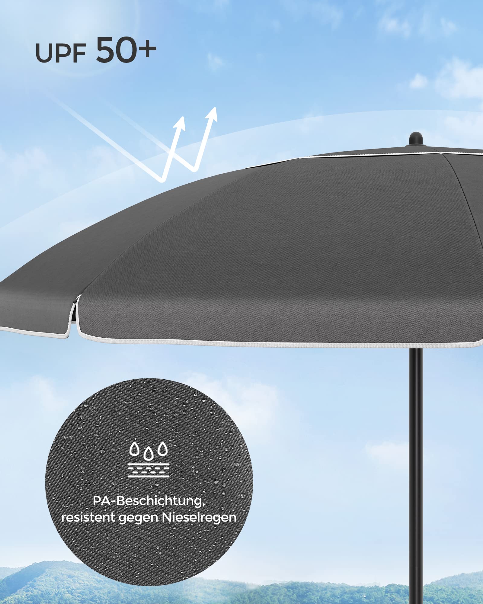 SONGMICS Sonnenschirm 160 cm, Sonnenschutz, UPF 50+, Strandschirm, beidseitig um 30° knickbar, höhenverstellbar, mit Tragetasche, für Balkon, Garten, Terrasse, Strand, ohne Ständer, grau GPU060G01 5