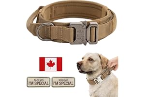 Tactical Dog Collar for Large, Medium Dog, Military Dog Collar Heavy Duty with Canada Flag and 2 Patch, (L （18"-21.5"）, Brown