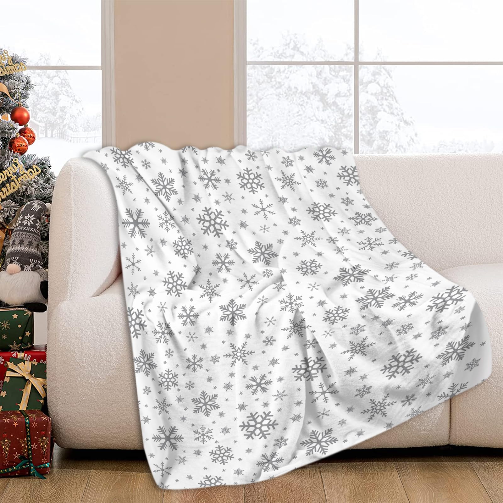 JOOCAR Grey Snowflake Throw Blanket Winter Merry Christmas White Blanket Cozy Soft Lightweight Flannel Plush Blankets for Bed Couch Living Room Sofa Chair,40x50 Inch