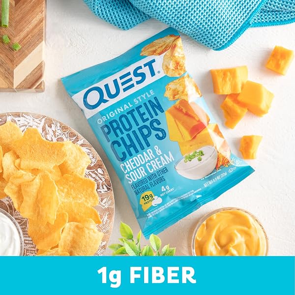 QUEST NUTRITION CHEDDAR & SOUR CREAM PROTEIN CHIPS, 19G PROTEIN, 4G NET CARBS, LOW CARB, GLUTEN FREE, 1.1 OZ, 4 COUNT