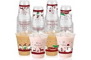 ABURRORI 50 Pcs 12OZ Merry Christmas party Cups,Christmas Plaid Gnome Truck Snowman Deer Printed Plastic Cups Juice Soda Beverage Party Favors For Merry Xmas Holiday Themed Decorations Supplies
