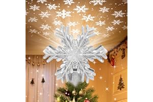 MEOLIGR Christmas Tree Topper Lighted with Built-in LED Rotating Snowflake Projector, 3D Hollow Glitter Silver Snowflake Tree Topper for Xmas Party Holiday Christmas Decorations