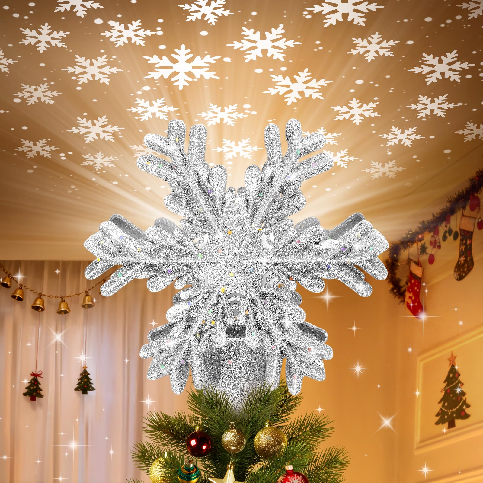 Photo 1 of Christmas Tree Topper Lighted with Built-in LED Rotating Snowflake Projector, 3D Hollow Glitter Silver Snowflake Tree Topper for Xmas Party Holiday Christmas Decorations