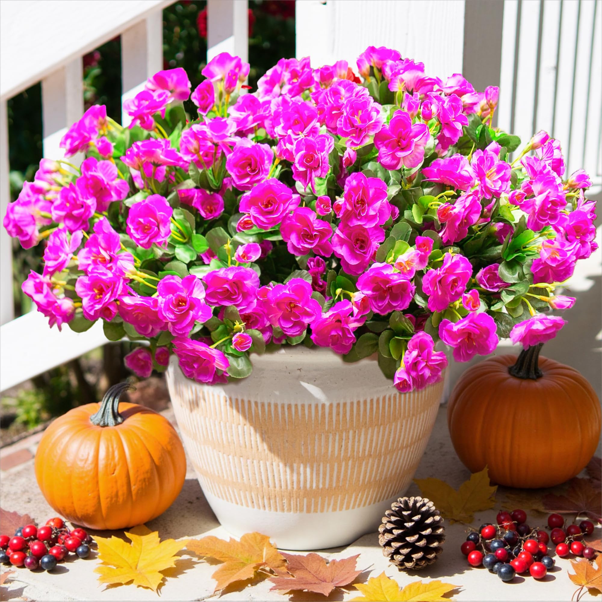 Photo 1 of HyeFlora Artificial Faux Outdoor Flowers Plants for Spring Summer Decoration, Fake Silk Camellia UV Resistant Look Real for Planter Outside Front Door Porch Patio Balcony, 3 Large Bundles