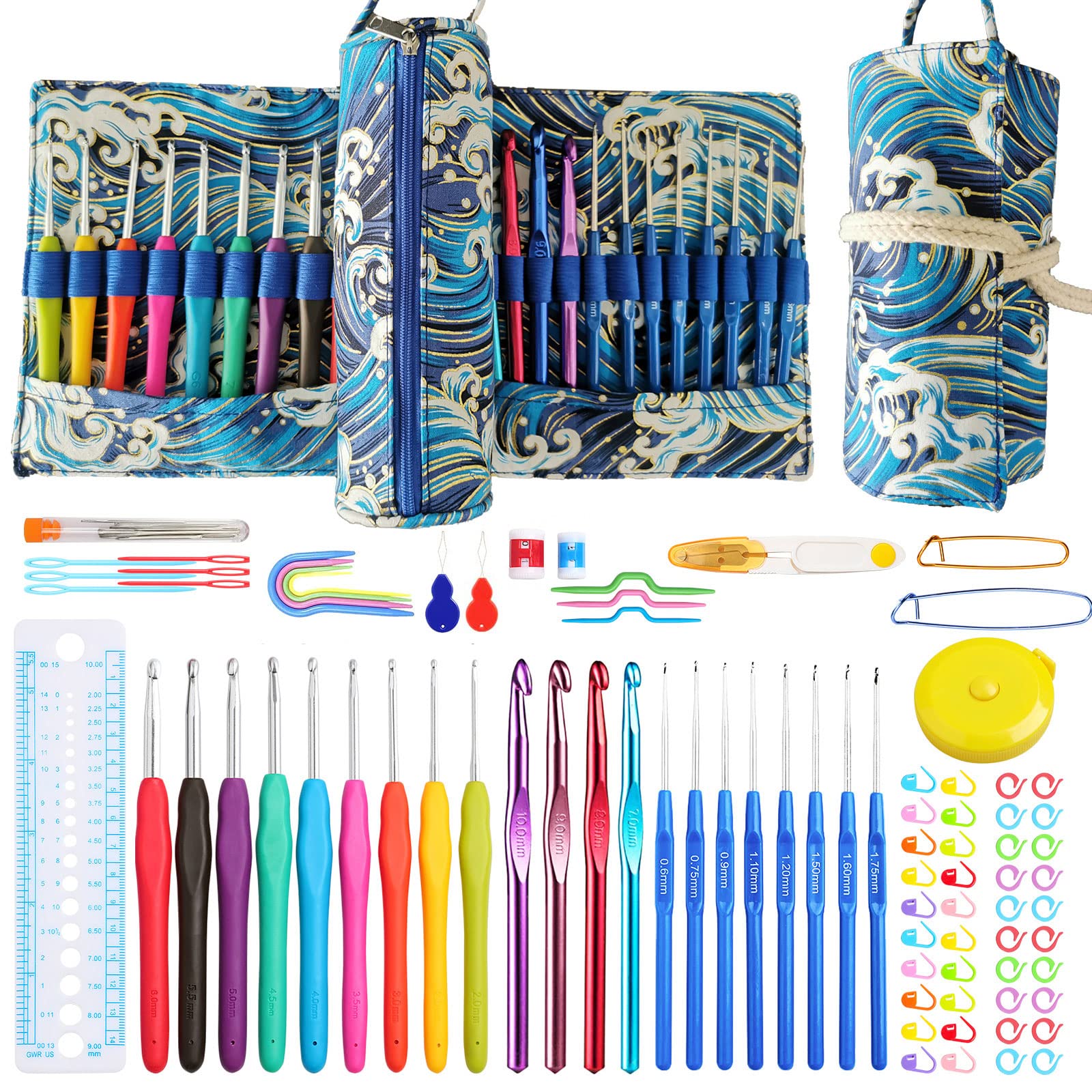 JOZEA Crochet Kit with Cylindrical Ergonomic Handles in Various Sizes - Colorful Hooks Set with Portable Organizer Bag, Dark Blue