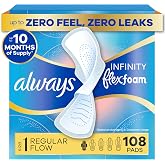 Always Infinity Feminine Pads for Women, Flexfoam Pads with Wings, Size 1, Regular Absorbency, Unscented, 108 Count (3 Packs of 36)