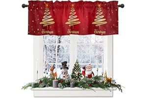 VANDARLLIN Christmas Tree Valance Curtains for Kitchen Window, Merry Xmas Red Rod Pocket Valances Window Treatments Winter Holiday Decor Short Curtains for Bedroom/Living Room,54" X 18" -1 Panel