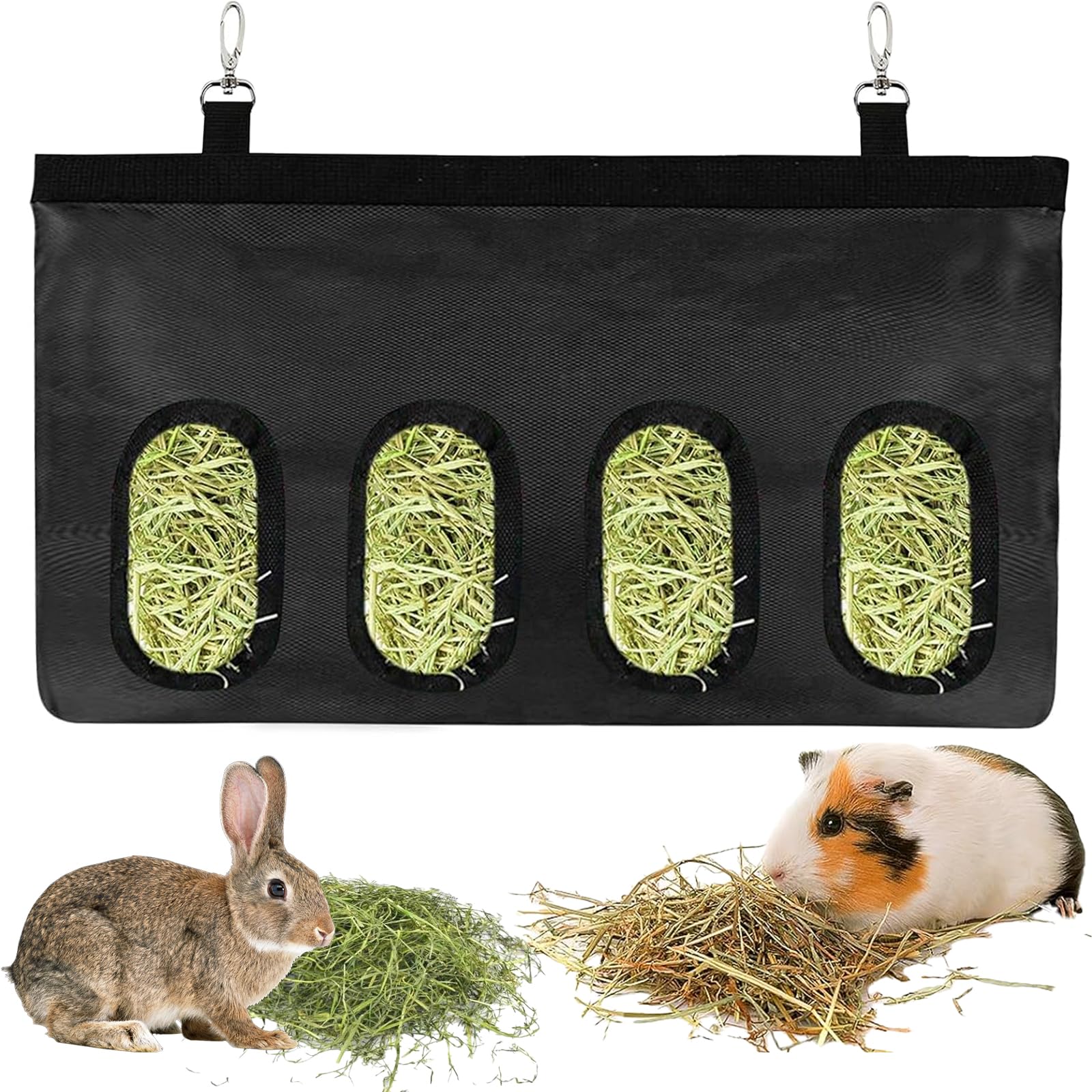 GIEEU Hanging Rabbit Hay Feeder Bag 4 Holes Black, Automatic Hay Storage Feeder for Small Pets, Guinea Pig Hamster Hay Feeding Bag