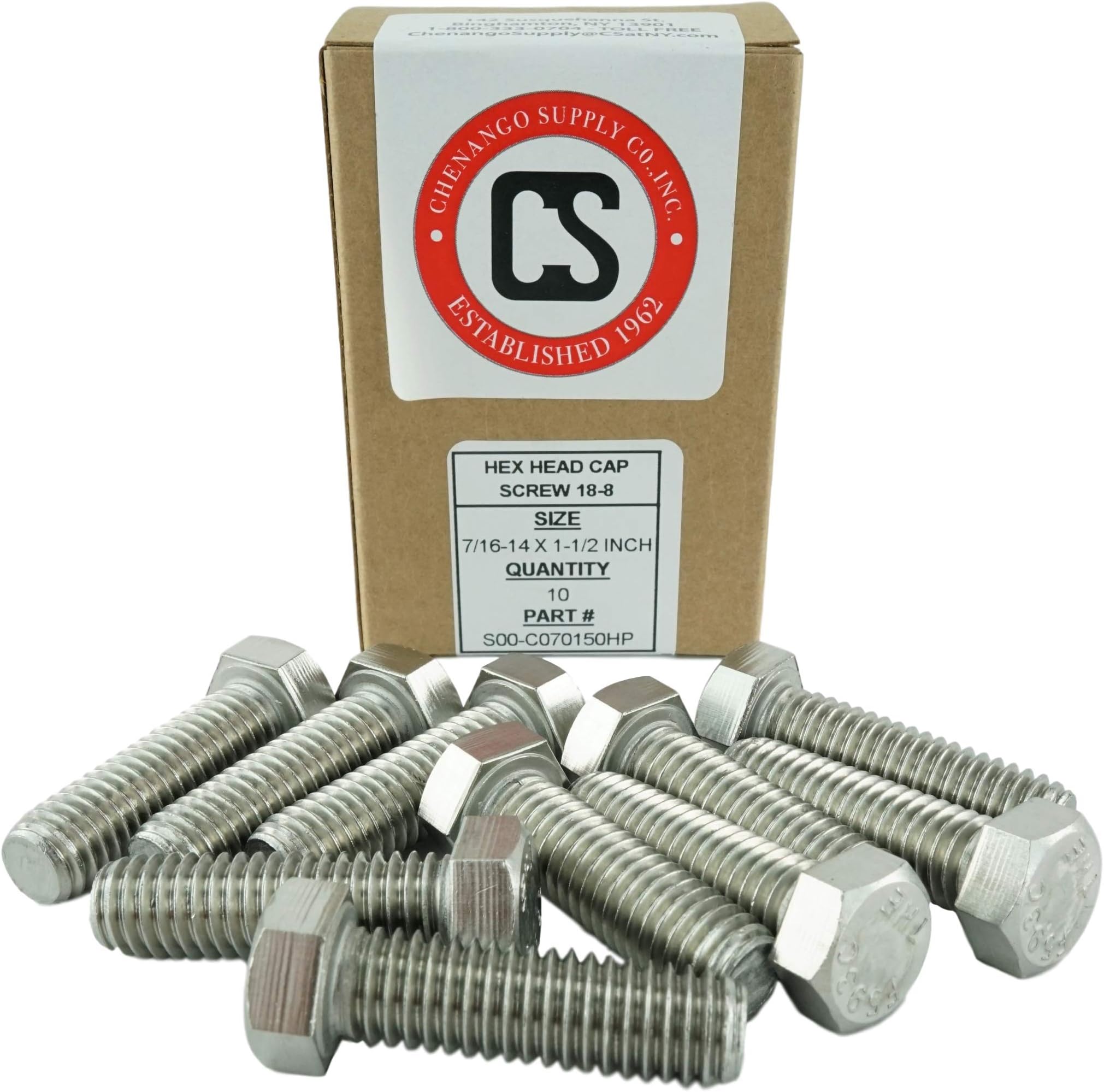 Chenango Supply Stainless 7/16-14 x 1-1/2inches Hex Head Bolts (3/4inches To 5inches Lengths Available in Listing), 304 Stainless Steel, 10 pieces (7/16-14 x 1-1/2