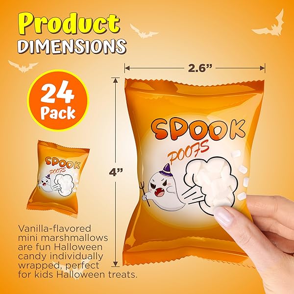 4E’S NOVELTY 24 PACK HALLOWEEN MINI MARSHMALLOWS – SPOOK POOF – INDVIDUALLY WRAPPED VANILLA FLAVOR – HALLOWEENS CANDY FOR KIDS IN BULK, SNACKS FOR TRICK OR TREAT, 17 MARSHMALLOWS IN EACH BAG