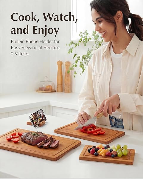 JINGNING DEEP-CARBONIZED BAMBOO CUTTING BOARD SET FOR KITCHEN WITH WOOD STORAGE STAND, DEEP JUICE GROOVES, EASY-GRIP HANDLES & NON-SLIP PADS, PREMIUM KITCHEN GIFT