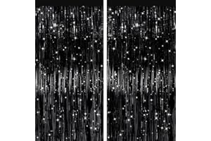 PATYPIRE 2 Pack Black Metallic Tinsel Foil Fringe Curtains, Door Streamers Photo Booth Backdrop for Birthday Party, Tinsel Curtain Backdrop for Baby Shower Bachelorette Christmas Party Decorations