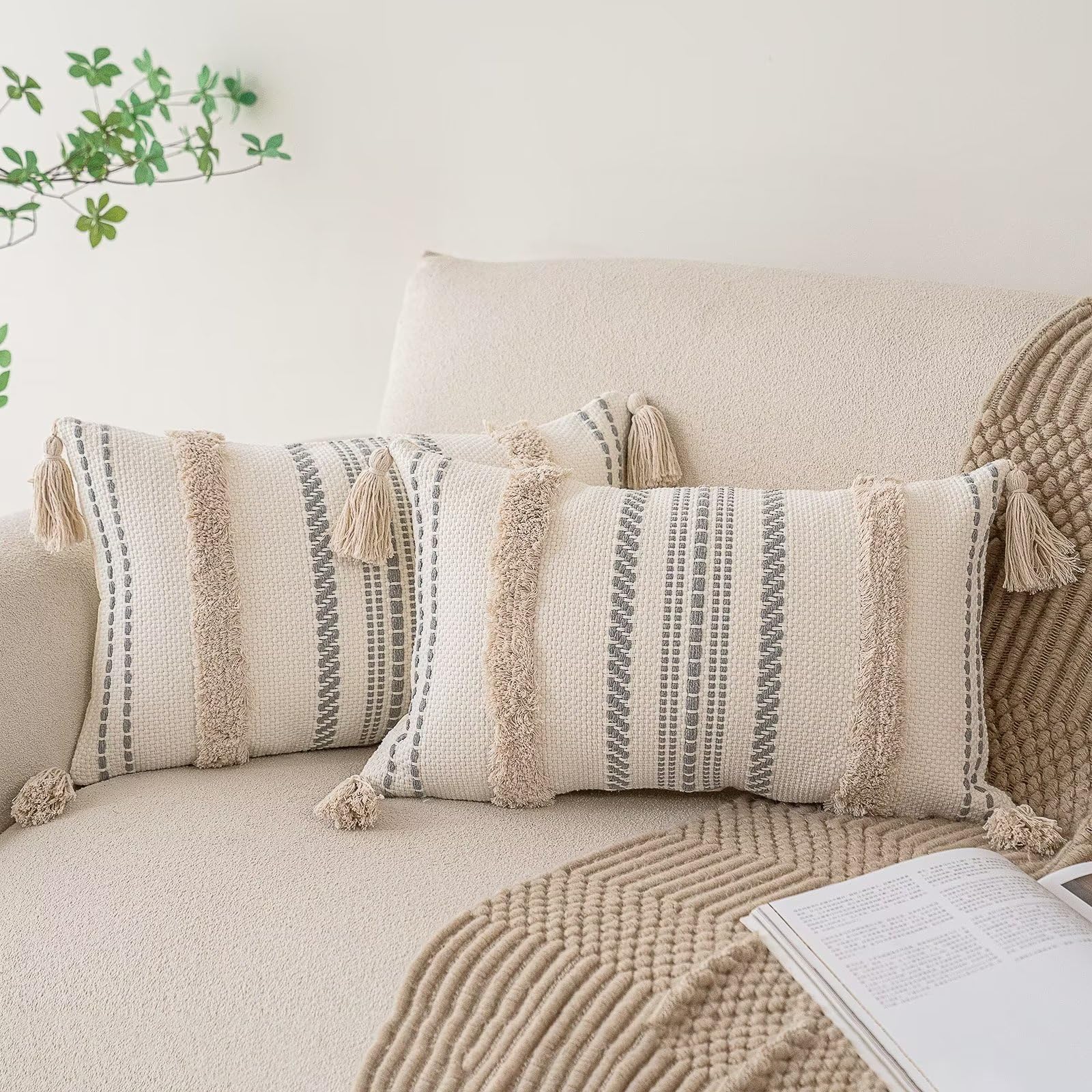Photo 1 of BUIOVBEY Boho Throw Pillow Covers 12x20 Set of 2 Woven Tufted Farmhouse Pillows Cover with Tassels Textured Striped Cushion Case Lumbar Pillow Cases Decorative Pillowcase for Sofa, Couch, Bed, Khaki