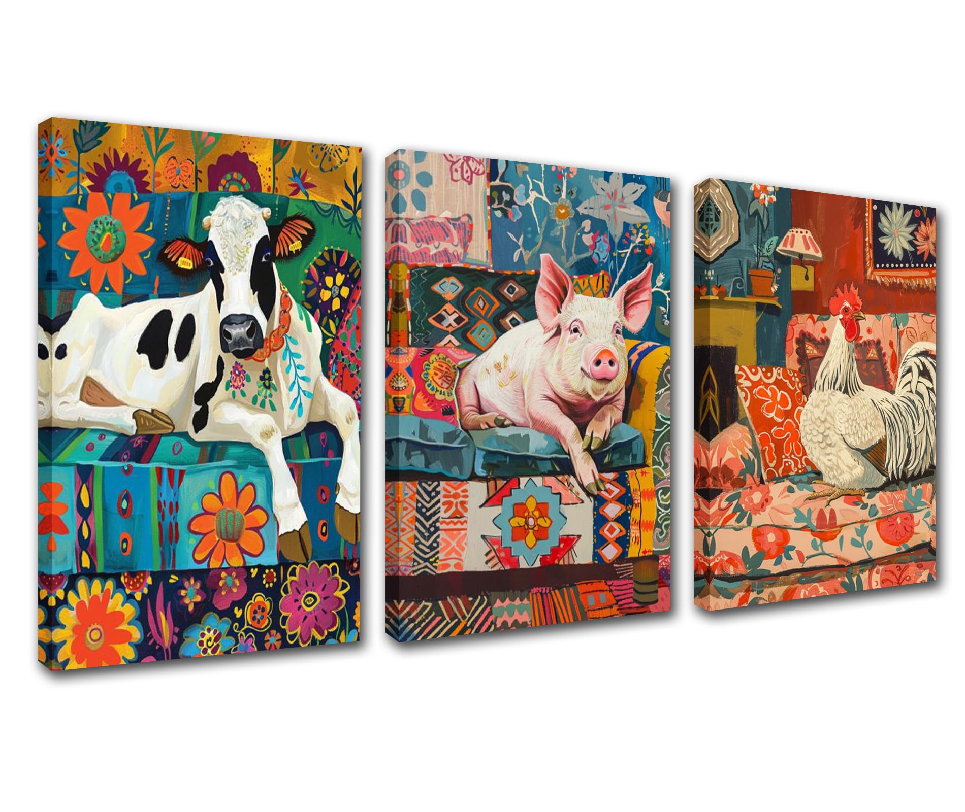 Farm Animals Canvas Wall Art for Living Room Decor 3 Pieces Farmhouse Animal Oil Paintings Pig Cow Rooster Artwork Decor Room Wall Pictures Lovely Art Modern Artwork Framed Ready to Hang 42''Wx20''H