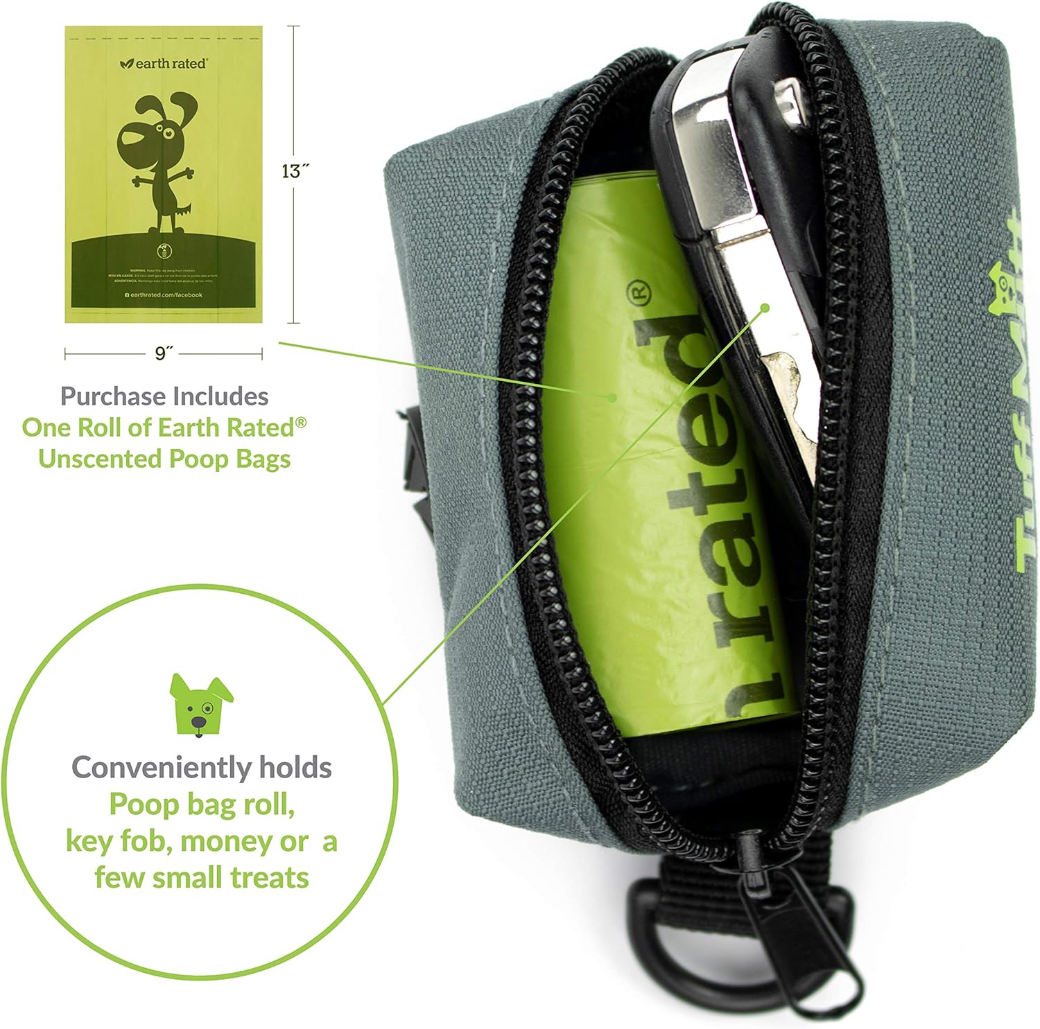 Tuff Mutt Poop Bag Holder Attaches to Dog Leash, Includes 1 Roll of Earth Rated Poop Bags, Waste Bag Dispenser and Lightweight Fabric. Makes a Great Walking, Running or Hiking Accessory : Pet Supplies