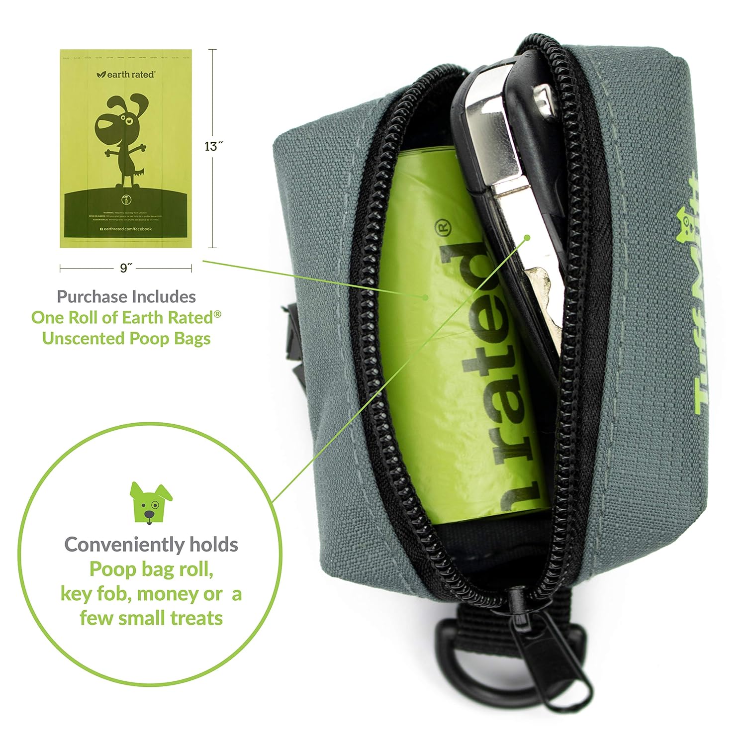 Tuff Mutt Poop Bag Holder Attaches to Dog Leash, Includes 1 Roll of