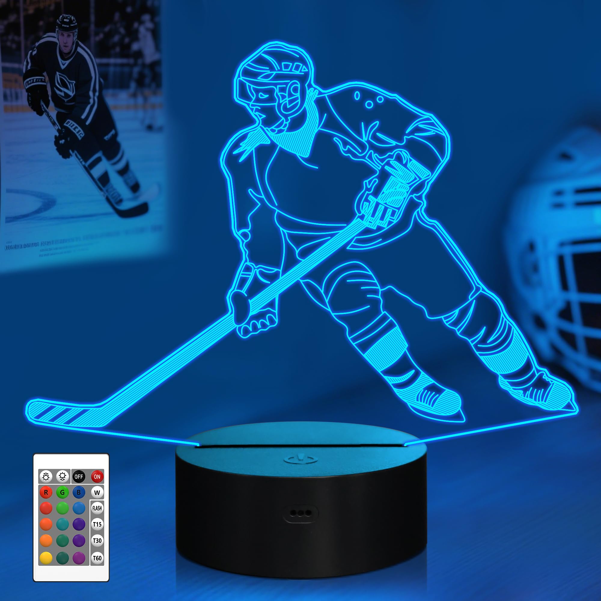 CooPark ice Hockey Gift, 3D ice Hockey Night Light for Children with Remote Control 16 Colors Change dimmable Function, Sport Topic Bedroom Decor Cool lamp for Children