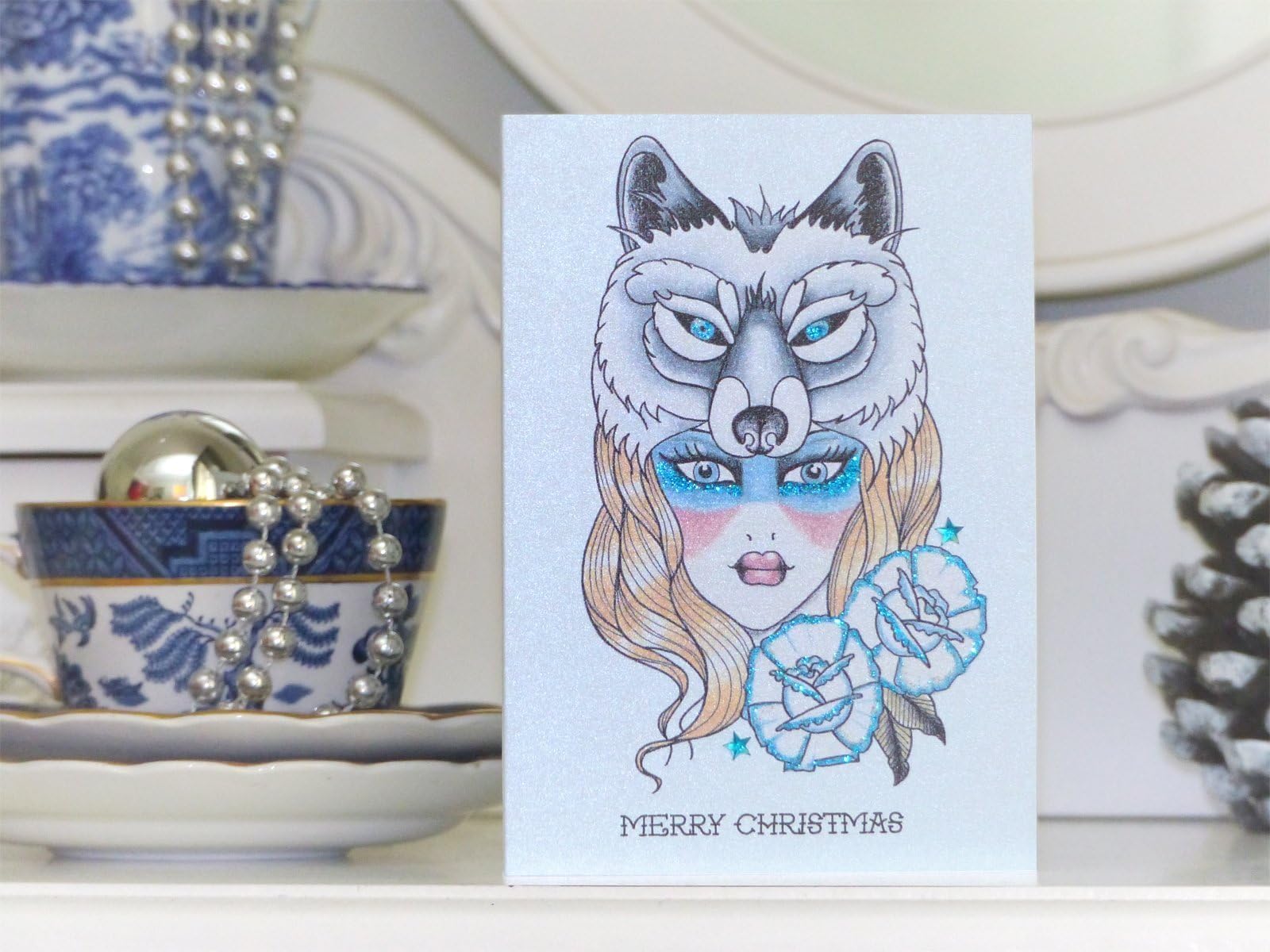HANDMADE GODDESS OF WINTER WEARING A WOLF HEADDRESS TATTOO LUXURY CHRISTMAS CARD