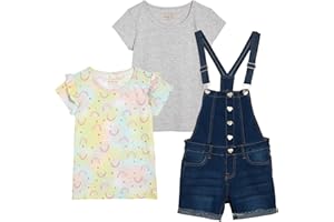 VIGOSS Girls' Shortall Set - Ruffle Tee, T-Shirt, and Stretch Denim Jean Short Overalls, 3 Piece Girls' Set (4-6X)