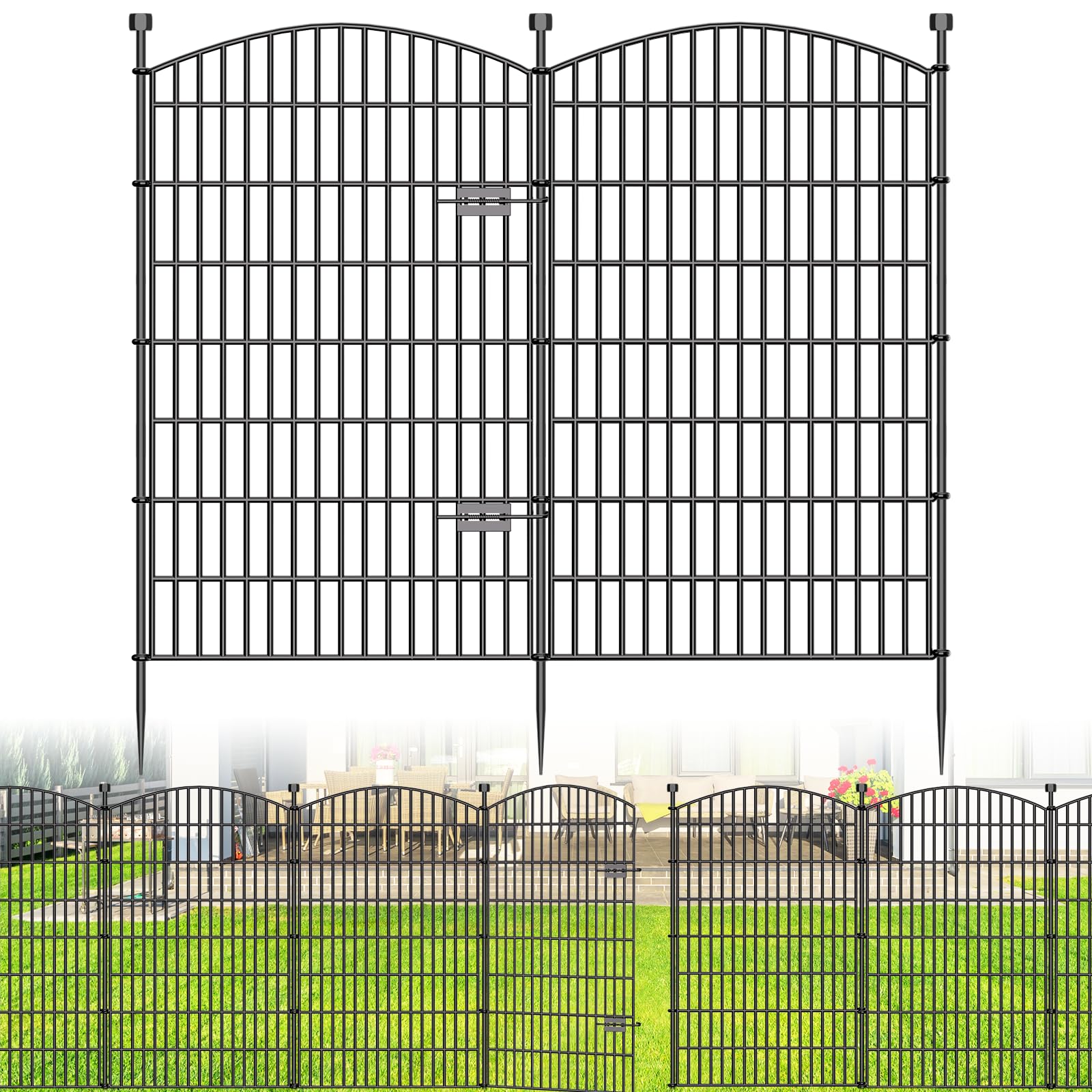 10 Panels No Dig Decorative Garden Fence with Gate - 48 in (H) x 26 ft (L), Dog Fence Outdoor for Yard, Rustproof Metal Animal Barrier Ground Stakes Fencing for Garden, Patio, Flower Bed Image