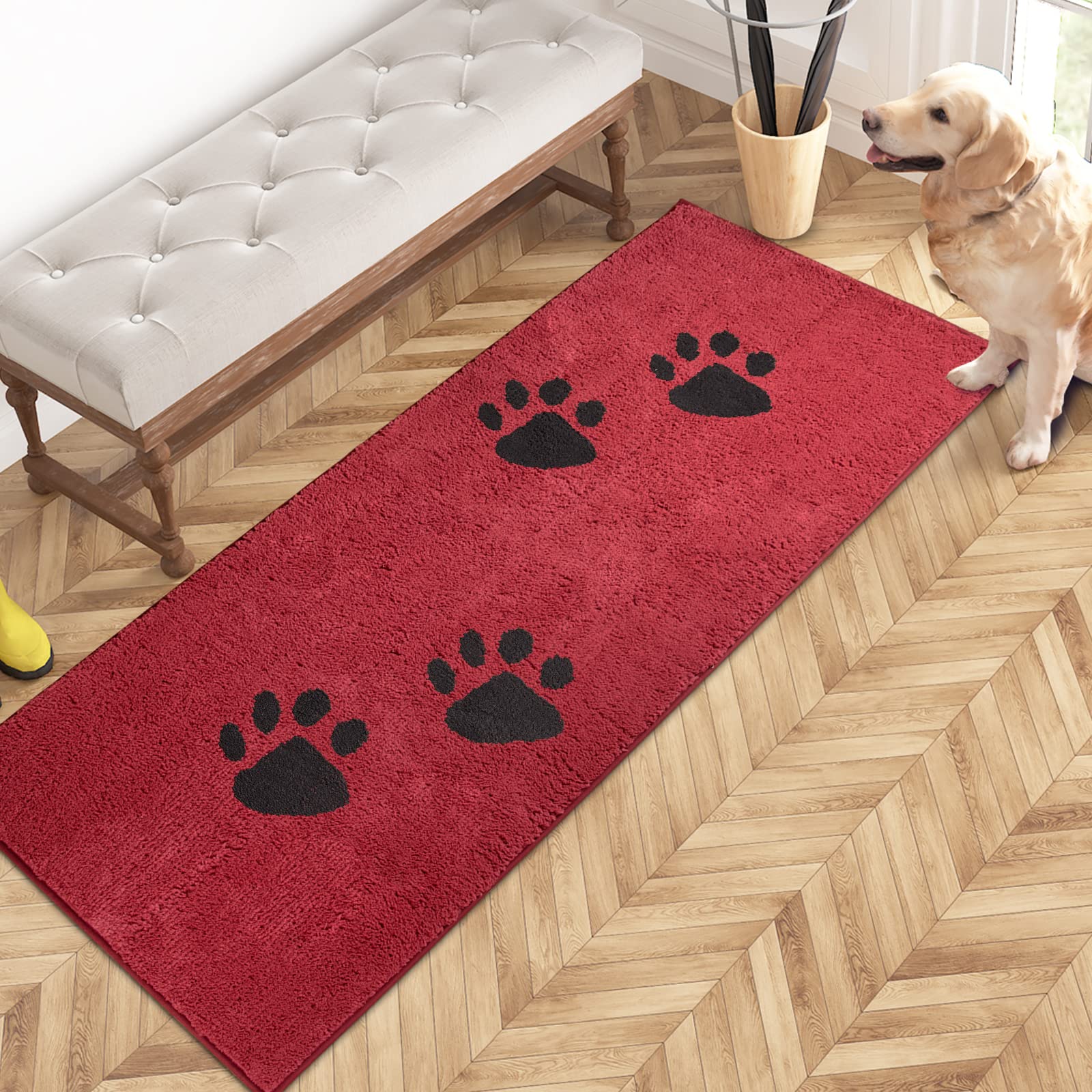 PURRUGS Dirt Trapping Door Mat 24" x 59", Non-Skid/Slip Machine Washable Microfiber Entrance Rug, Shoes Scraper, Dog Doormat, Super Absorbent Floor Mat for Muddy Wet Shoes and Paws, Red Image