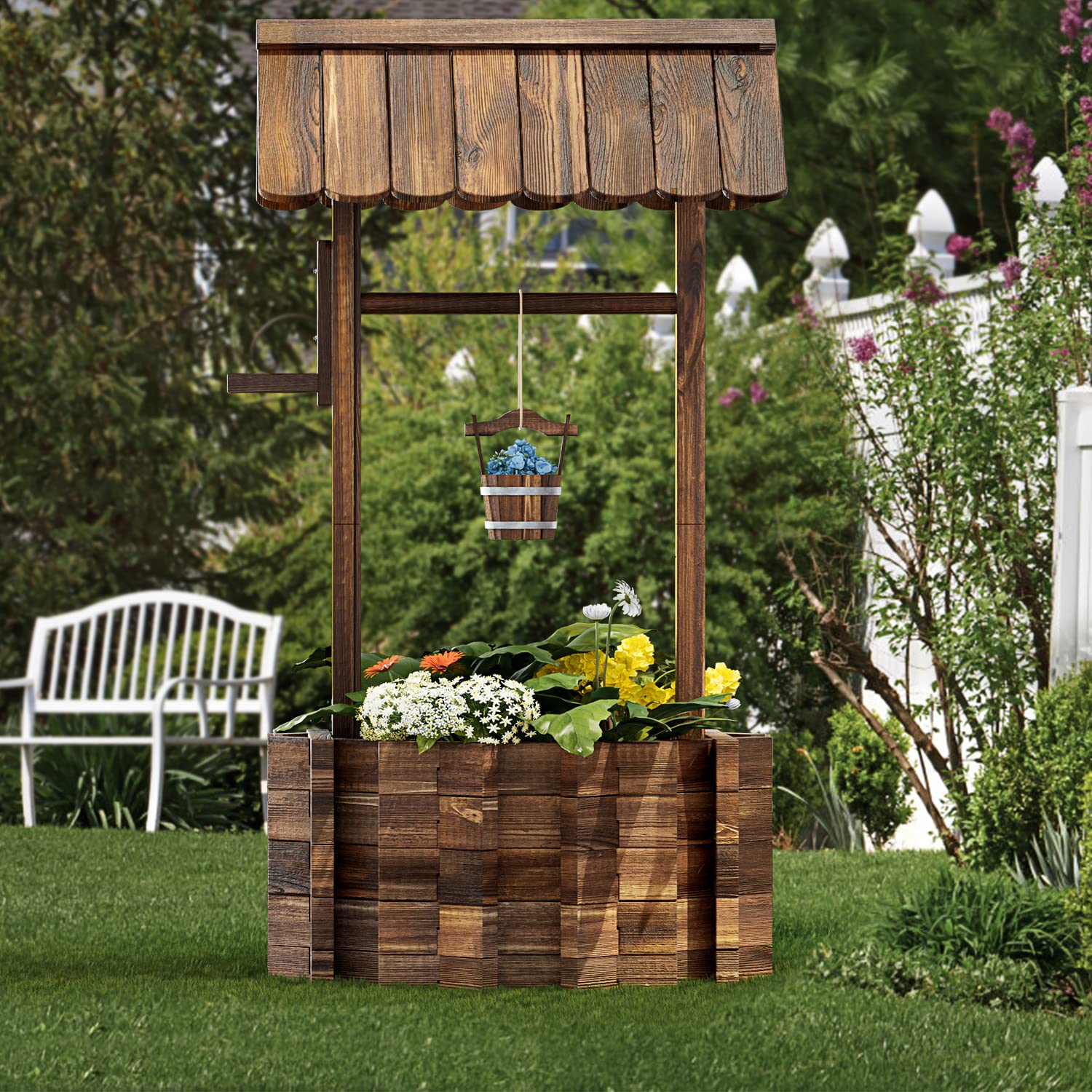 Aoxun Outdoor Wooden Wishing Well Planter with Hanging Bucket - Rustic Garden Decor for Yard & Patio