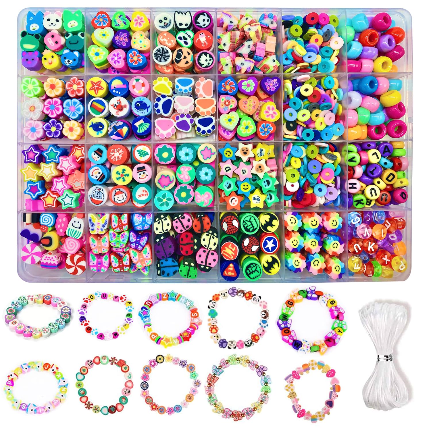 Photo 1 of Bracelet Making kit, 1000pcs Polymer Clay Beads Bracelet Making kit, 24 Styles Fruit, Flower, Cake, Butterfly, Necklace, Earrings, DIY Bracelet Making kit Accessories for Women